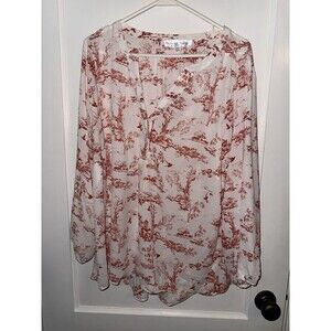Chelsea & Theodore Womens 1X White Red Floral Long Sleeve Button Up Blouse Shirt